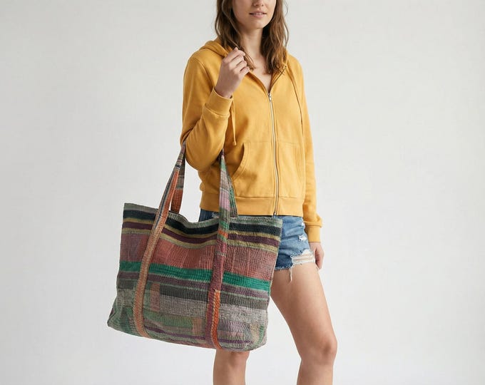 Boho Striped Kantha Bag, Vintage Indian Quilt Beach Bag, Upcycled Shoulder Tote