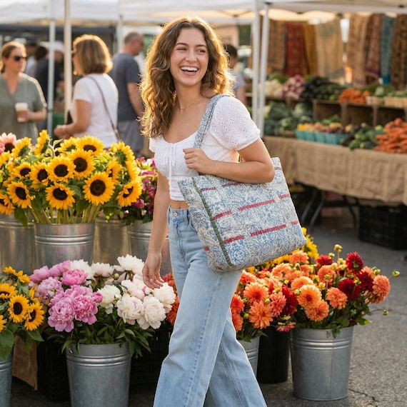 Vintage Kantha Tote Bag | Recycled Sari Quilted Artisan Bag