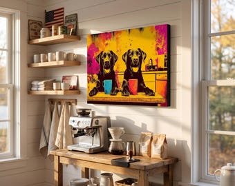 Impression sur toile pop art noir de style Labrador Coffee Dogs | Décoration moderne et colorée pour bar pour chiens