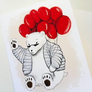 Ours en ballon - carte de voeux portrait vierge - carte d'anniversaire ours, carte pour toutes les occasions, carte ours en peluche adorablement cool