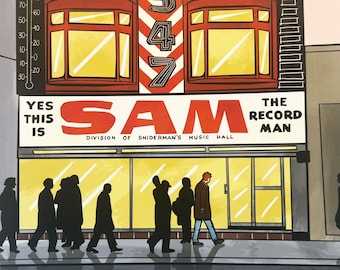 Sam the Record Man - Retro Comic-Stil der 1960er Jahre Toronto Illustrierter Druck - Yonge Street - 13x12cm kleiner Druck
