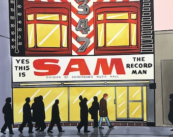 Sam the Rekord Mann - Retro Comic-Stil 1960s Toronto Illustrierter Druck - Yonge Street - 10x10" quadratischer Druck