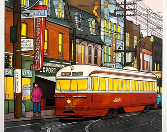 Die Königin und das parlament - Retro Comic-Stil 1960s Toronto Illustrierter Druck - TTC Streetcar - 10x10" SQUARE PRINT