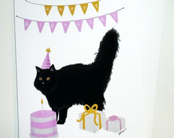 Schwarze Katze Geburtstagskarte: Lustig illustriertes Portrait - Geschenk Katzenliebhaber
