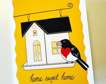 Home Sweet Home - Grußkarte - Kernbeißer mit rosa Brust - Einweihungsgeschenk