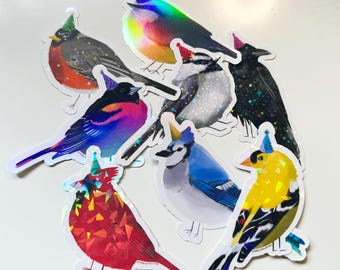 Party Vögel Aufkleber: Holographische Vinyl illustrierte Vogel-Aufkleber