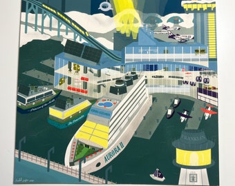 Port of Resolute - Modern Futuristic Industry Illustrated Print - 5x5" Small Print - Airport Seaport Unique Wall Art