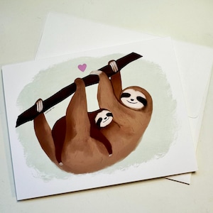 Maman et bébé paresseux - carte de voeux vierge - carte de fête des mères - carte de baby shower - carte de fête des mères vierge - carte de paresseux adorable