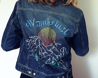 Hippie Jeansjacke - Giacca Denim per Viaggiatori - Wanderlust - Custom Denim Jacket - Giacca Blu Denim - Vintage Denim Giacca