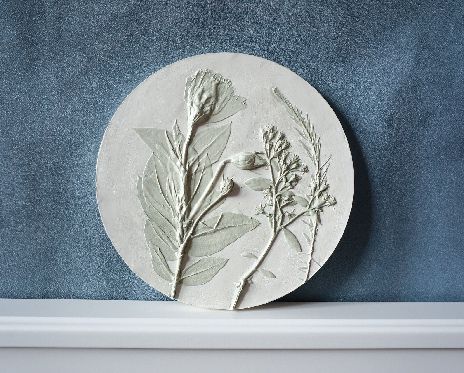 Floral botanical plaster relief. Plaster Cast Tile. Art Etsy