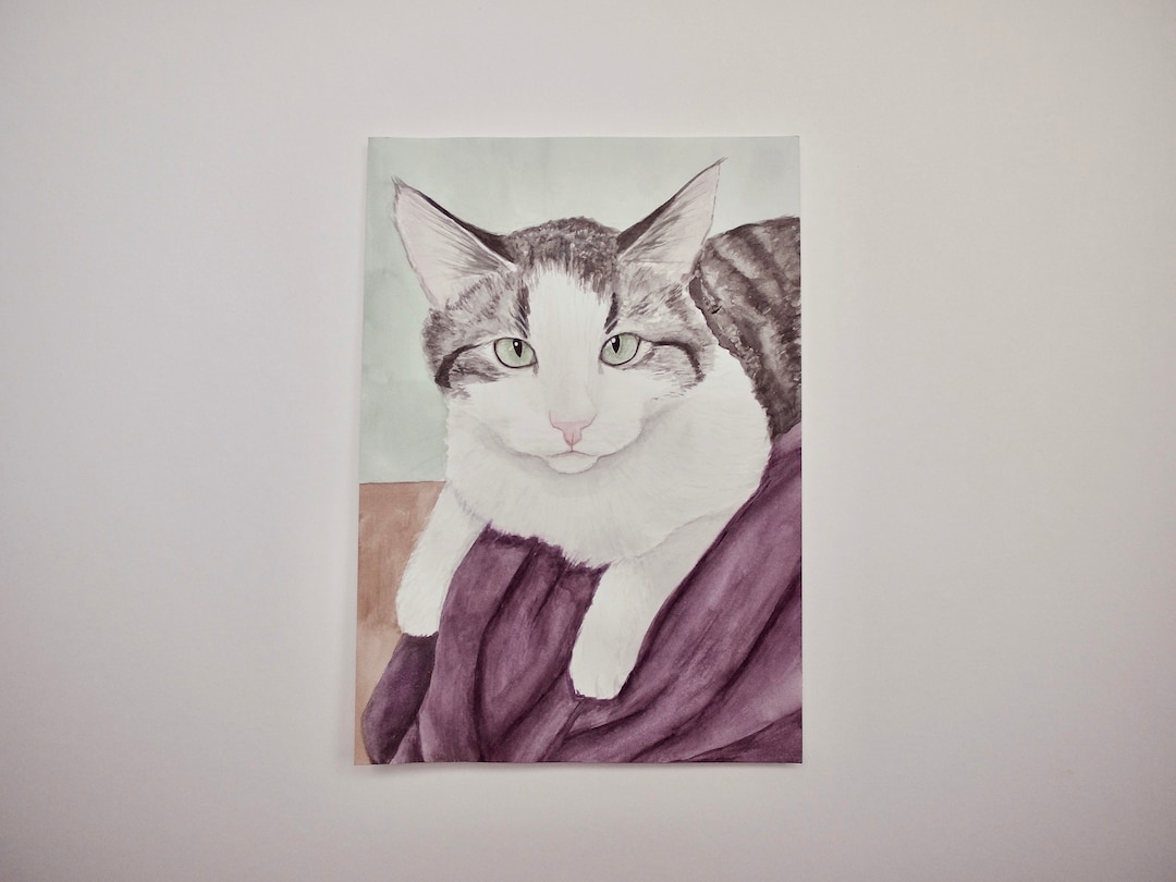 Gray and White Tabby Cat Watercolor Painting - Etsy