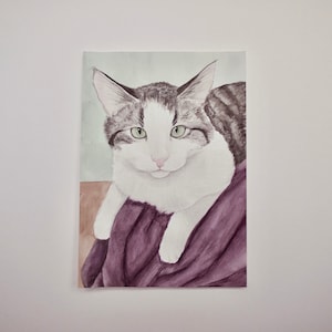 Gray and White Tabby Cat Watercolor Painting
