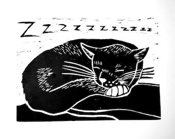 Unframed A4 Sleeping Cat Lino Print