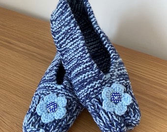 Hand knitted slippers - denim blue