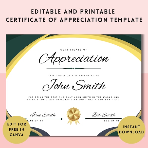 Certificate of Appreciation Template Editable Printable in size 8.5" x 11", A4, A5 - Perfect for employee, volunteer or teacher recognition