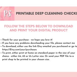 May include: Pink and white printable deep cleaning checklists with instructions on how to download and print the digital product. The text says "Thank for your purchase - we hope you love it!" and "If you have any problems downloading your file, please contact me".