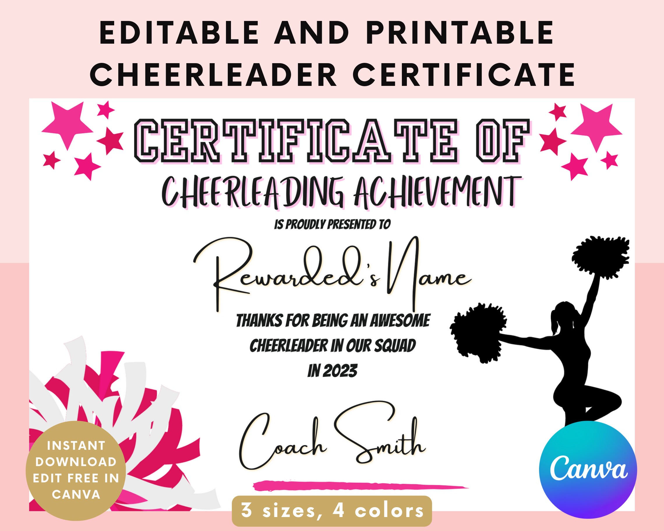 Editable Printable Cheerleading Awards Certificate Cheer Participation