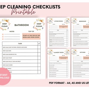 May include: Printable deep cleaning checklists for different rooms of the house, including bathroom, living room, bedrooms, laundry room, and kitchen. Each checklist includes sections for notes, top tips, and tasks. The checklists are designed in a pink and white color scheme with floral accents.