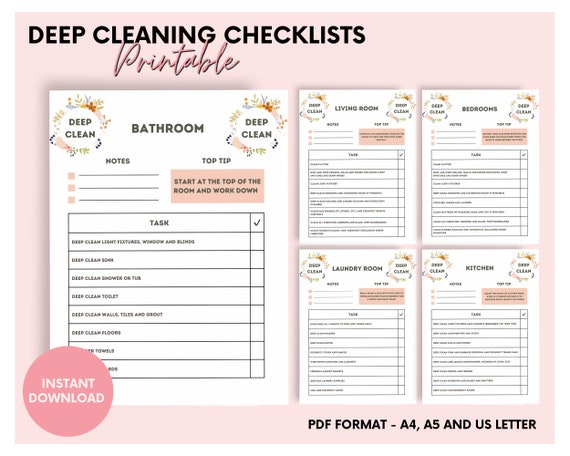Printable Deep Cleaning Checklists | House Cleaning Checklist Kit | Spring Clean Checklists | Cleaning Challenge | A4, A5, US Letter