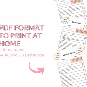 May include: Printable deep cleaning checklists for bedrooms and laundry rooms. The checklists are in PDF format and come in three sizes: A4, A5, and US Letter. The checklists feature floral illustrations and include sections for notes, tasks, and top tips.