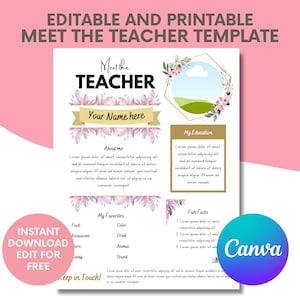 Plantilla editable Meet the Teacher - Floral rosa - Personalizar en Canva - Imprimir en casa Plantilla imprimible - Todo sobre mí - Regreso a clases