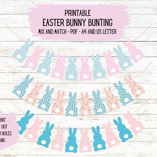 Printable Easter Bunting Banner Bunny Garland | Mix and Match | Classroom Easter Decorations | Kids Easter Garland | Gingham Pink Blue Bunny