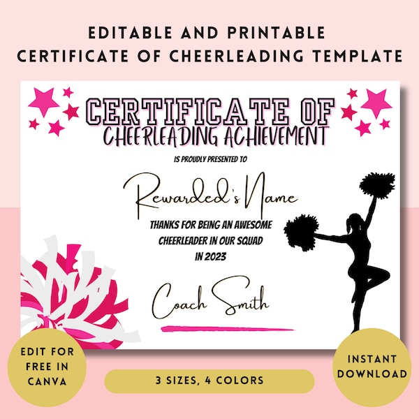 Editable printable cheerleading awards certificate | Cheer participation recognition achievement | Editable in Canva | Cheerleader Award