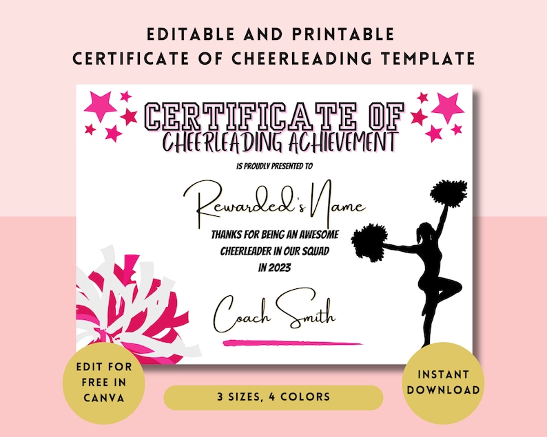 Editable Printable Cheerleading Awards Certificate Cheer Participation