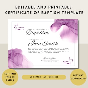 Certificado de bautismo editable imprimible púrpura - Bebé adulto bautismo bautizo certificado de bautismo - Plantilla personalizar recuerdo personalizado