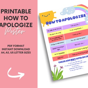 Puede incluir: Póster imprimible con un sol amarillo y un arcoíris. Incluye una lista de pasos sobre cómo disculparse y una lista de frases que no son disculpas. El texto incluye frases como "Di por qué lo sientes", "Di por qué estaba mal", "Di que entiendes que los has herido", "Pregunta cómo puedes hacer las paces", "Asegúrate de no volver a hacerlo", "Pide perdón", "Gracias", "Lo siento por", "Estaba mal porque", "Creo que te sentiste", "¿Cómo puedo mejorar esto?", "La próxima vez lo haré", "¿Aceptarás mis disculpas?", "Gracias por dejarme disculparme", "Siento que te sientas así", "Siento que hayas malinterpretado lo que quería decir", "Lo siento, pero... ¿qué pasa con la vez que...", "Fue tu culpa que..."