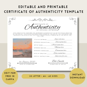 Editable Certificate of Authenticity Template for Artists and Artwork - CoA Template - Certificate Template Printable - Original Art Cert