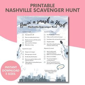 Printable Nashville Scavenger Hunt for Bachelor Birthday or Bachelorette Party - Printable Scavenger Hunt Nashville Party Game Western Blue