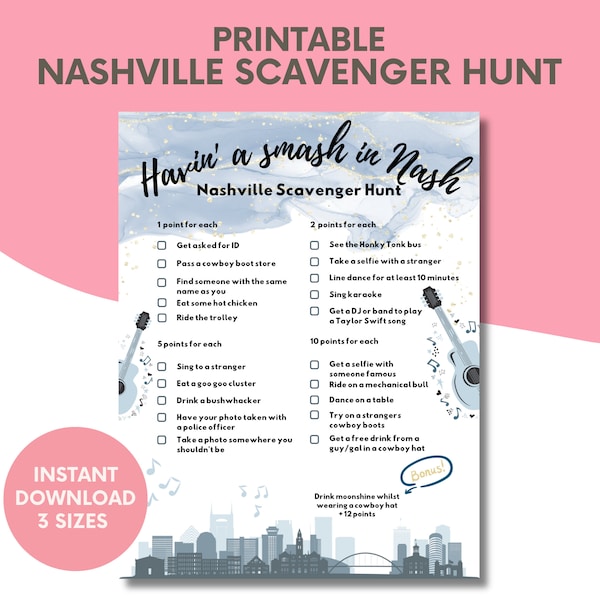 Druckbare Nashville Schnitzeljagd für Junggesellenabschied zum Junggesellinnenabschied - Nashville Party Spiel Western Blue