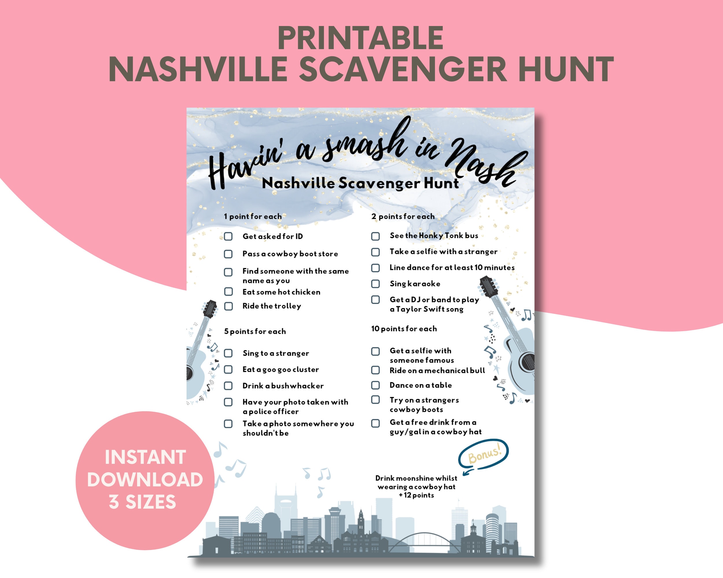Druckbare Nashville Schnitzeljagd für Junggesellenabschied zum Junggesellinnenabschied - Nashville Party Spiel Western Blue