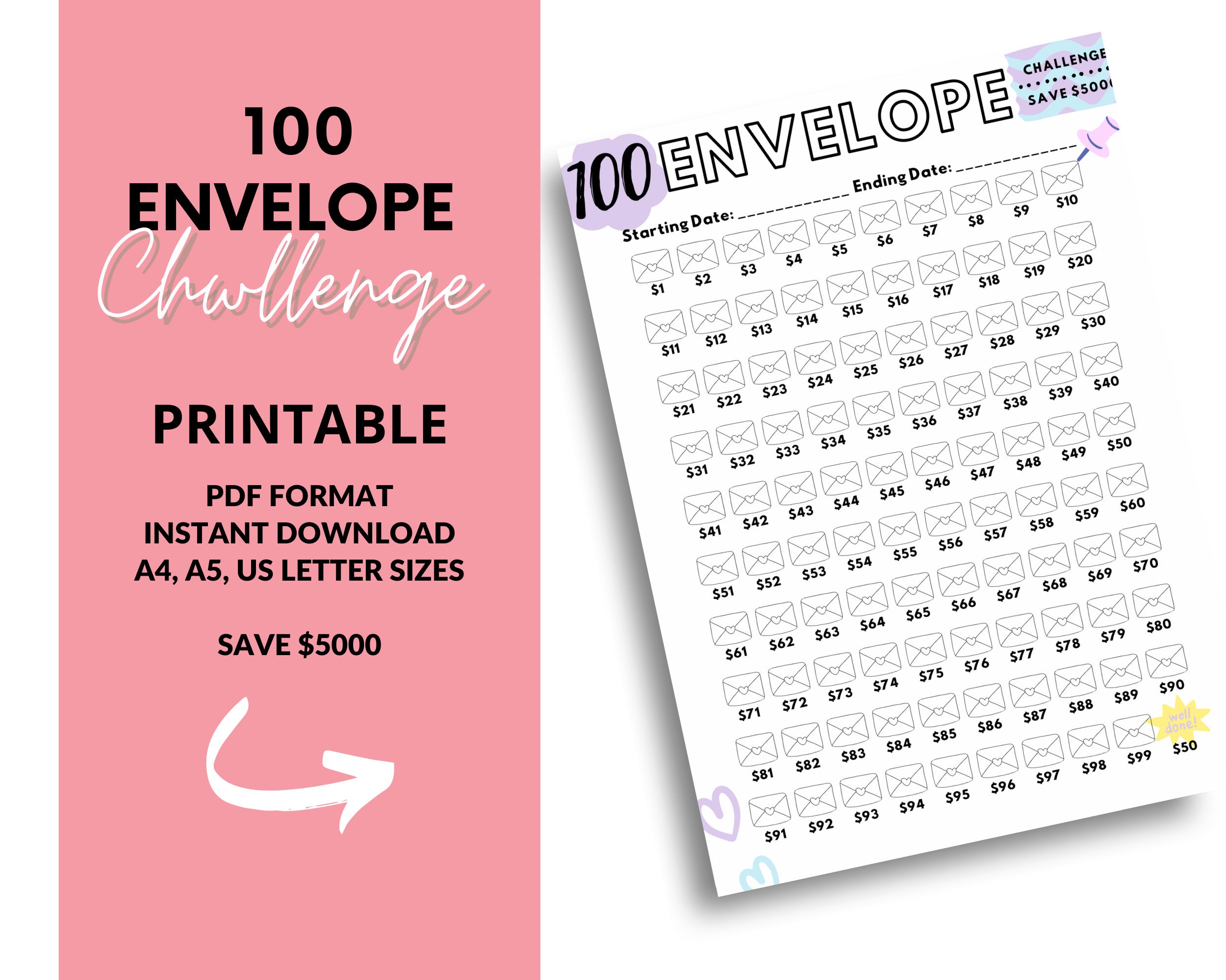 100 Envelope Challenge Printable Save 5000 100 Day Savings Challenge ...
