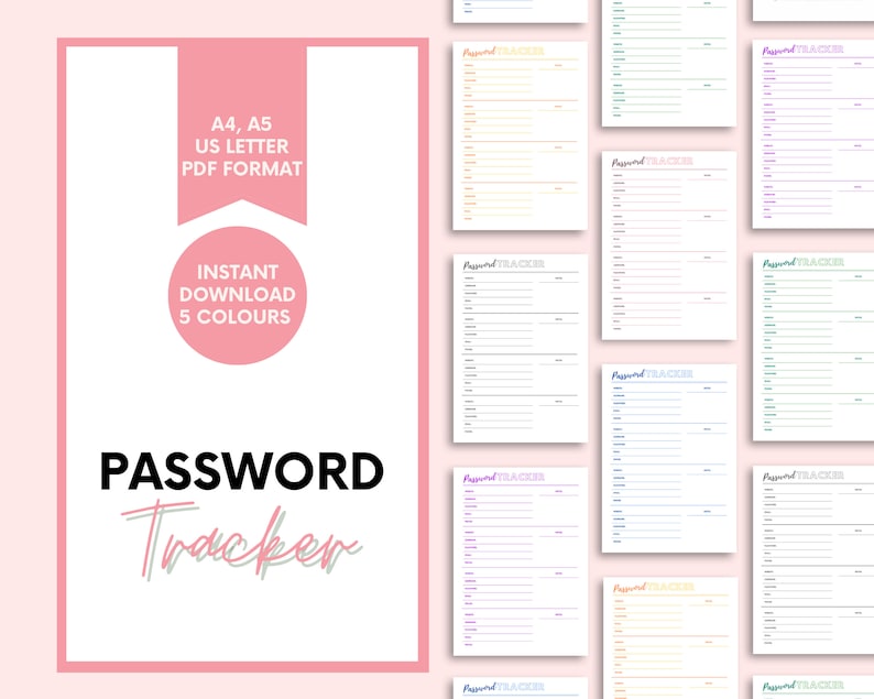 Printable Password Tracker - 5 Colors - Instant Download - Password Log ...