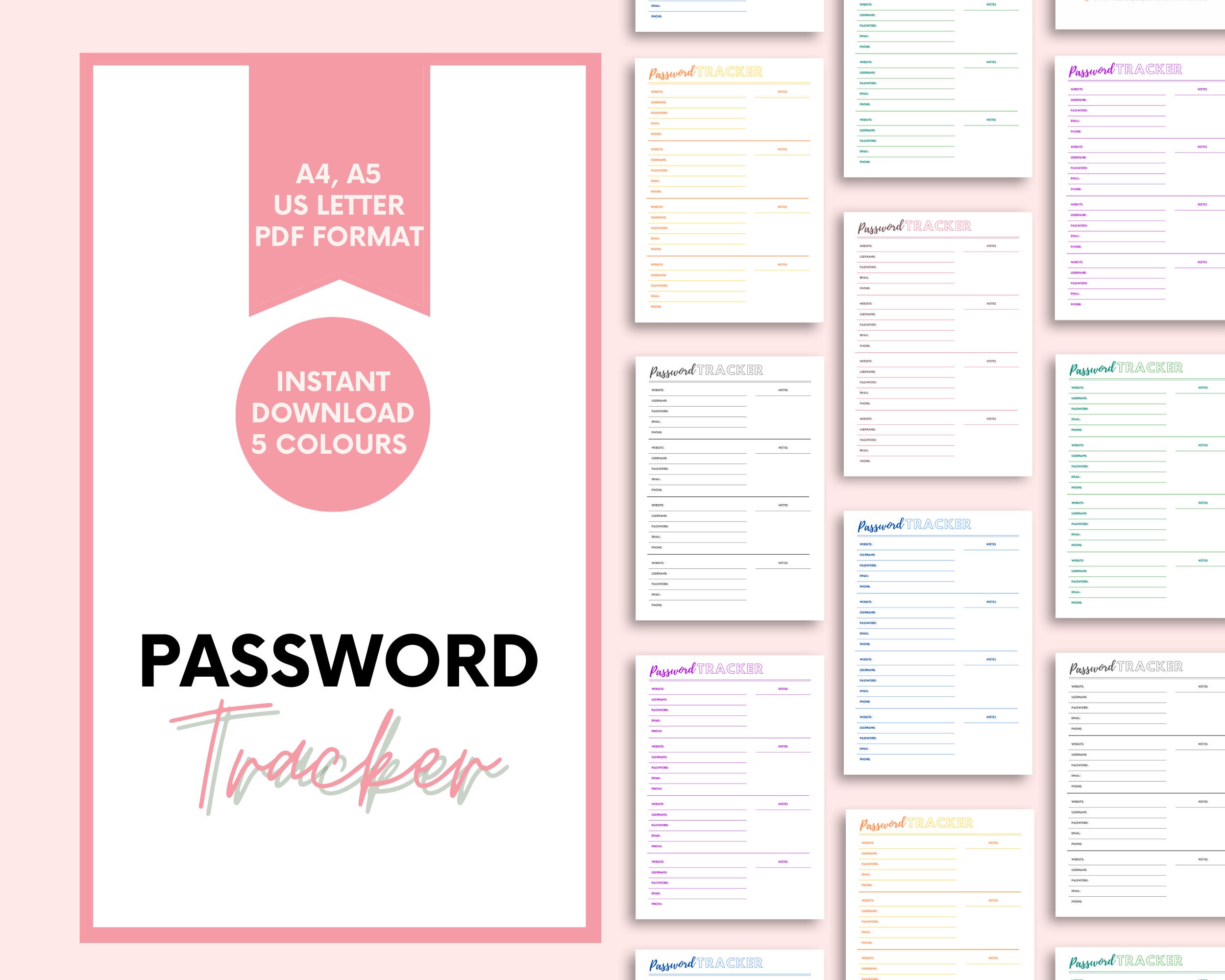 Printable Password Tracker - 5 Colors - Instant Download - Password Log ...