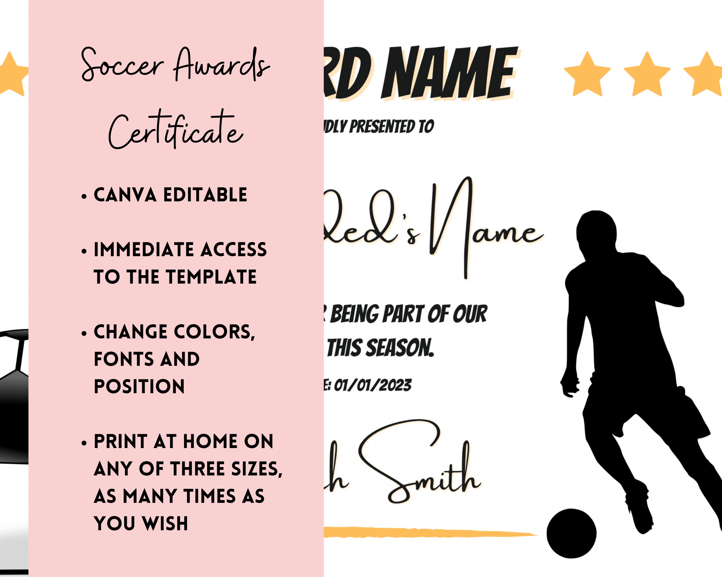 Editable Printable Soccer Awards Certificate Personalise Participation