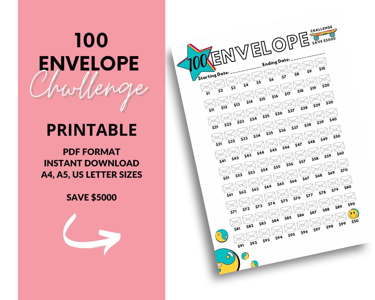 100 Envelope Challenge Printable | Save 5000 | 100 Day Savings ...