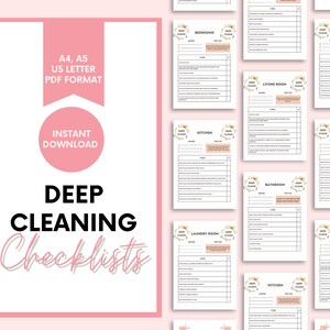 May include: A set of printable deep cleaning checklists for different rooms of the house, including bedrooms, kitchen, bathroom, living room, and laundry room. The checklists are in a PDF format and are available for instant download. The checklists are decorated with floral illustrations.