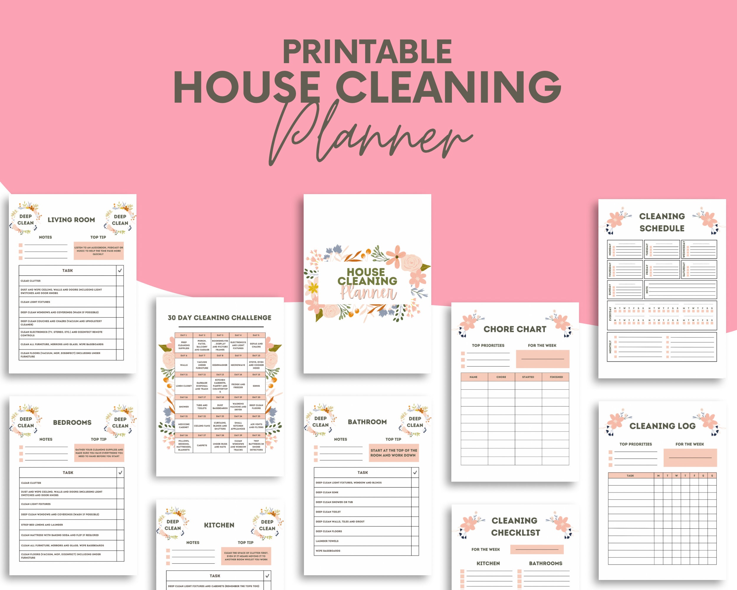 Printable House Cleaning Planner Checklist Kit Deep Cleaning Checklists