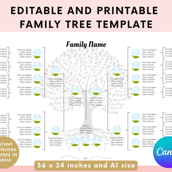 Editable Family Tree Template - Family Tree Chart Printable - 5 Generations - Genealogy Chart Template - Edit in Canva - Genealogy Poster