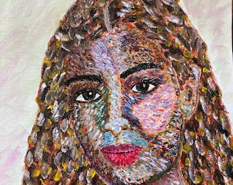 Puede incluir: Una pintura de una persona con el pelo largo y castaño, que lleva una camisa con estampado verde y blanco. La cara de la persona está pintada en un estilo abstracto y colorido.
