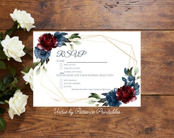 Burgundy and Navy Wedding RSVP Card Template • Editable Wedding Response Card • RSVP • Geometric Wedding • Printable Editable