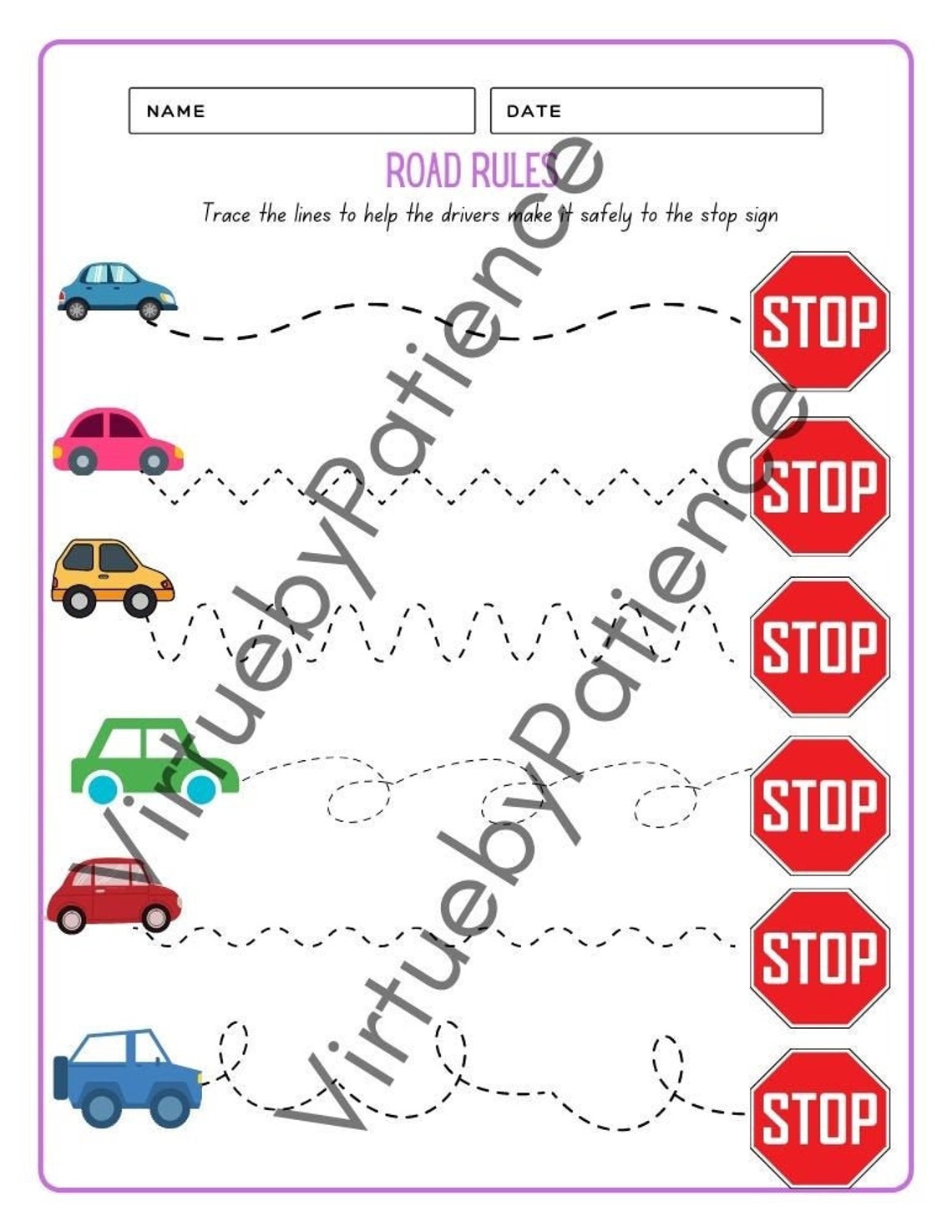 Road Rules Paths Tracing Worksheet, Busy Book Printable, Educational