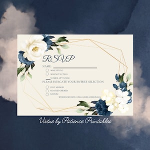 White and Navy Wedding RSVP Card Template • Editable Wedding Response Card • RSVP • Gold Geometric Wedding • Printable Editable
