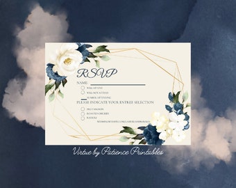 White and Navy Wedding RSVP Card Template • Editable Wedding Response Card • RSVP • Gold Geometric Wedding • Printable Editable