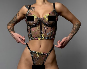 Floral lingerie set,Corset top,Sheer bra,Embroidered lingerie set,Cute underwear set,Bra and panty set,See thru thong,Strappy underwear