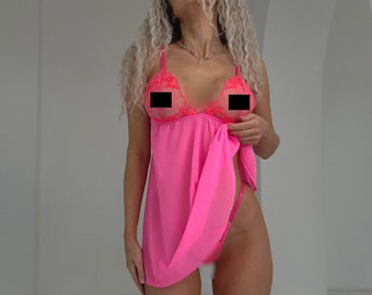 See through babydoll, See thru nightgown, Mesh lingerie dress, See through dress, Sheer mesh dress, PInk lace lingerie, Transparent lingerie