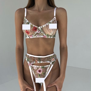 Embroidery lingerie,See through lingerie,Floral lingerie set,Sheer panties,Transparent lingerie,Mesh bra,Handmade lingerie,Strappy underwear